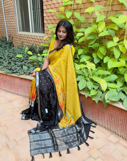 Yellow and Black Half and Half Crepe Silk Saree