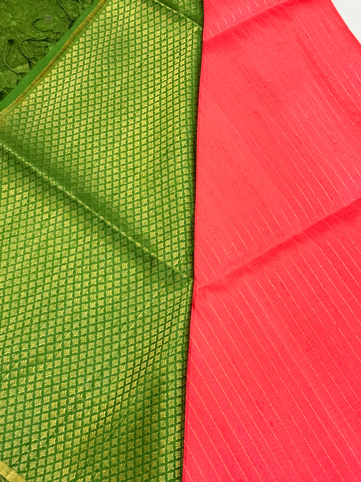Premium Pure Raw Silk Rich Pallu- Orangish Pink