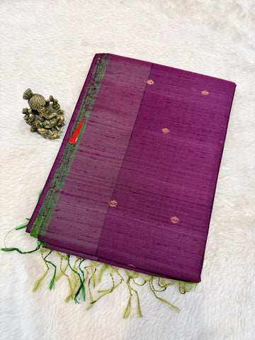 Premium Pure Raw Silk Rich Pallu -Wine and Parrot Green