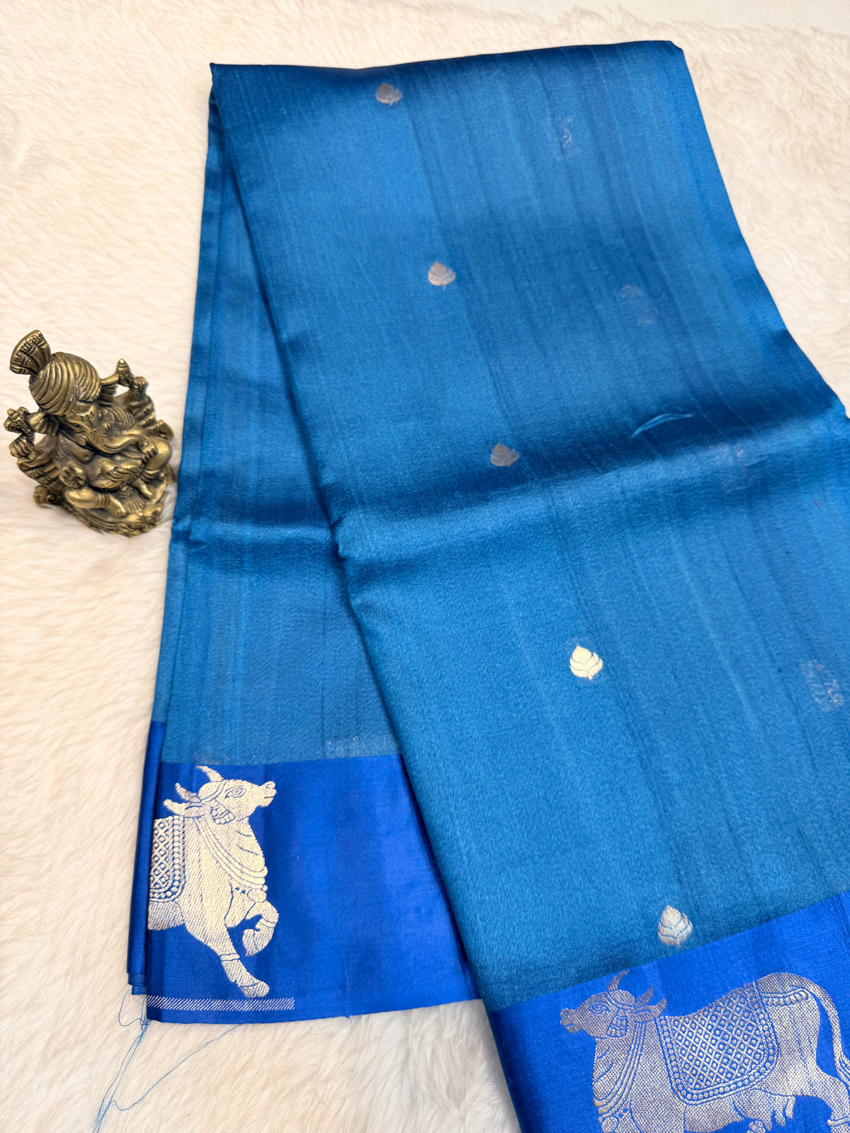 Pure Tussar Silk Designer Kamadhenu- Peacock Blue
