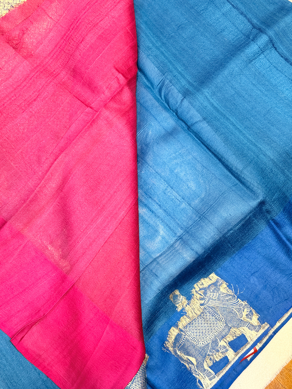 Pure Tussar Silk Designer Kamadhenu- Peacock Blue
