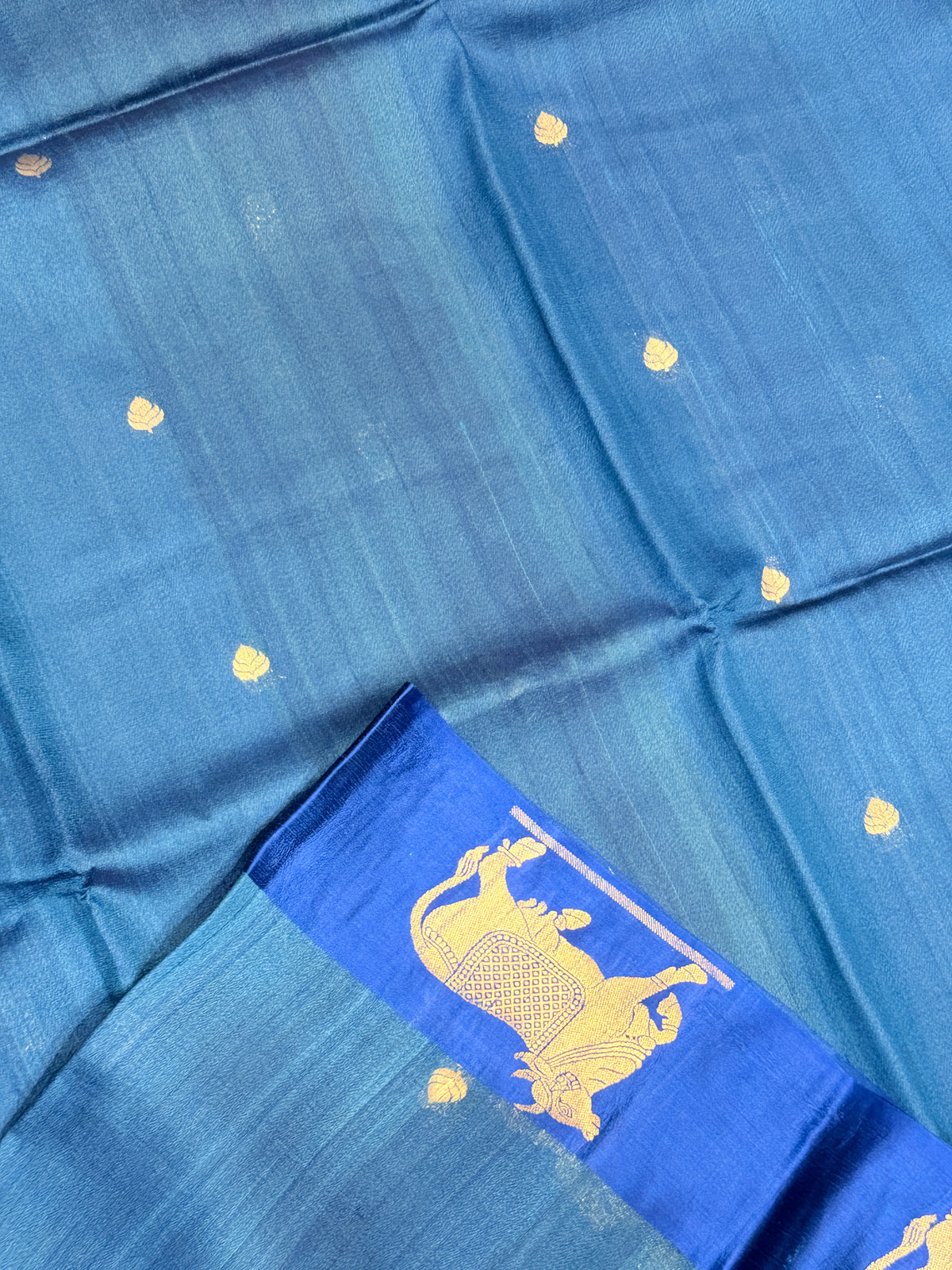 Pure Tussar Silk Designer Kamadhenu- Peacock Blue