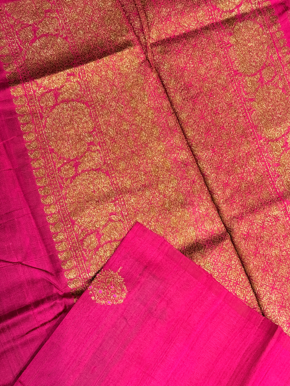 Pure Tussar Banaras Zari Butta- Rani Pink