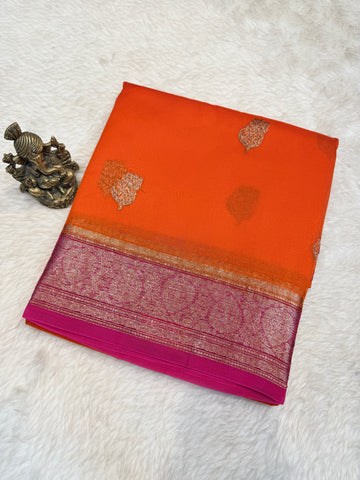 Pure Kora Banaras Silk Contrast -Orange