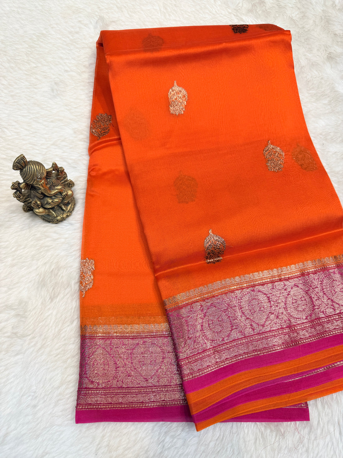 Pure Kora Banaras Silk Contrast -Orange