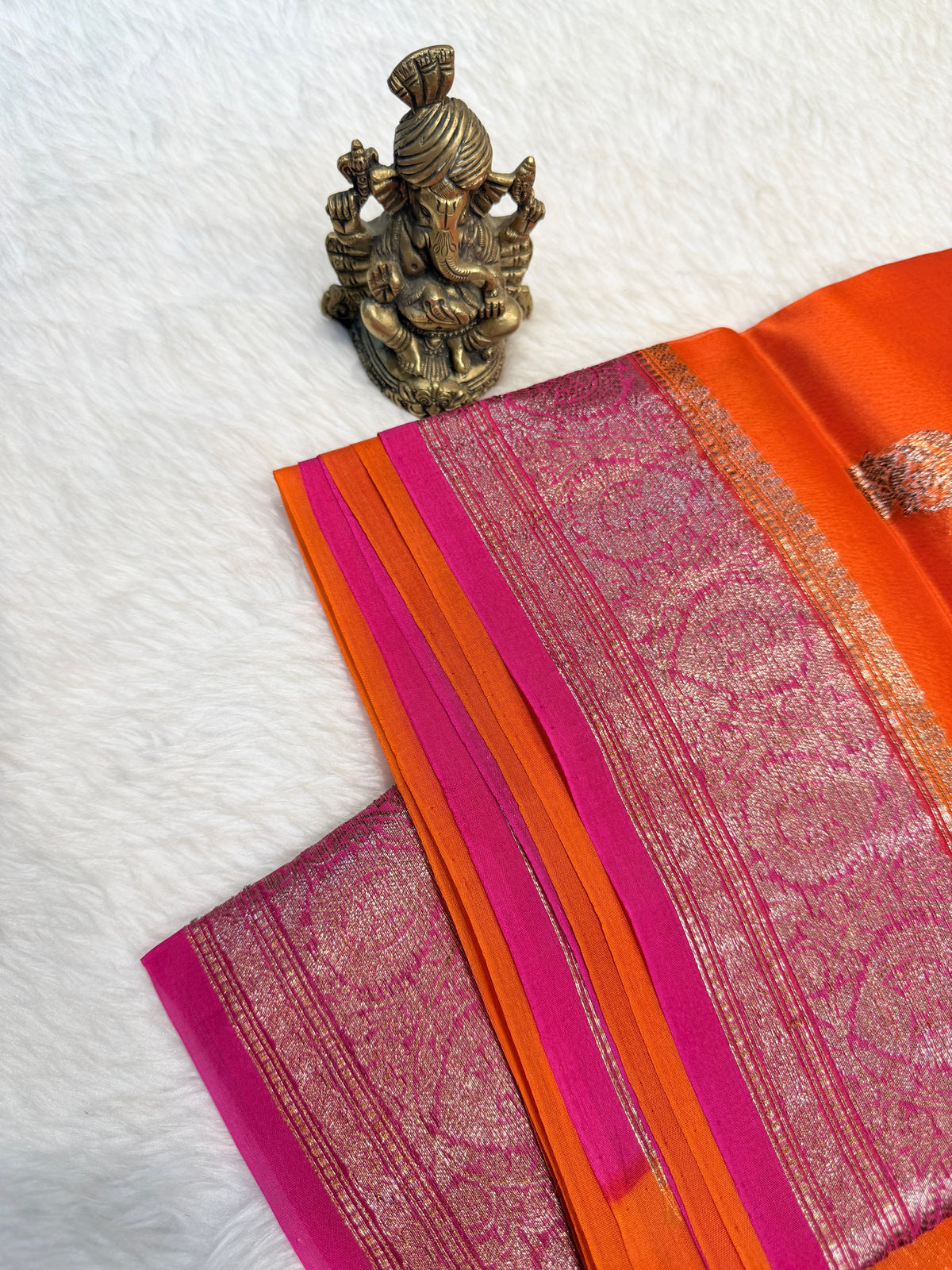 Pure Kora Banaras Silk Contrast -Orange