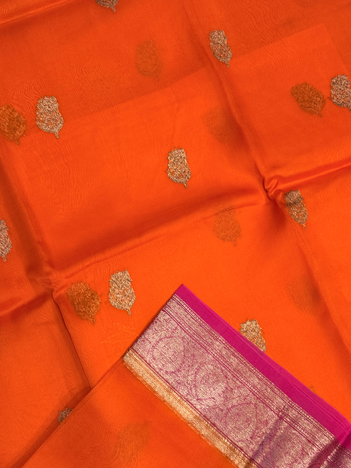 Pure Kora Banaras Silk Contrast -Orange
