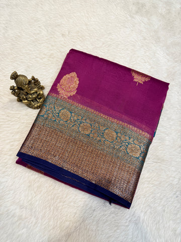 Pure Kora Banaras Silk Contrast -Brinjal Color