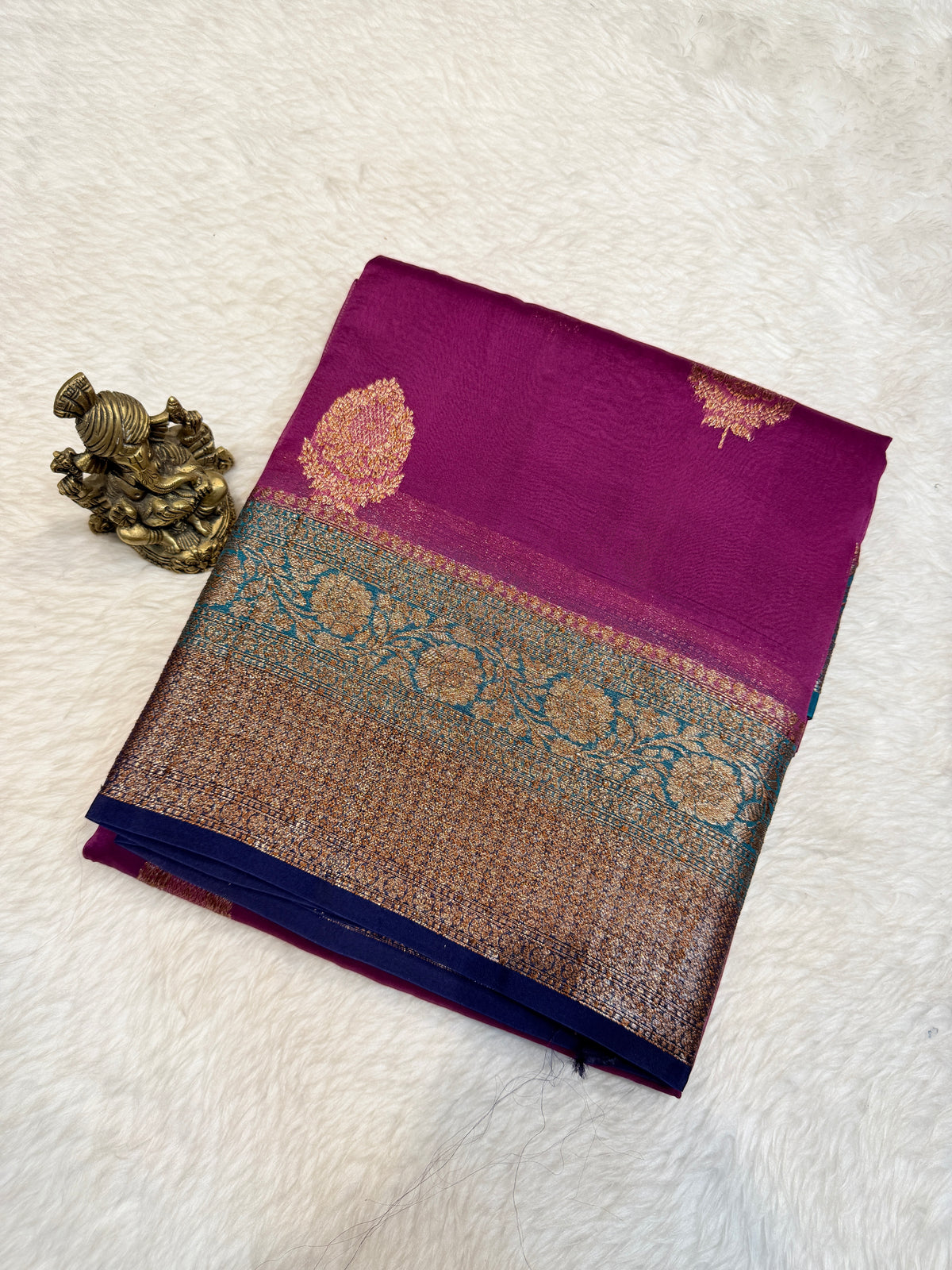 Pure Kora Banaras Silk Contrast -Brinjal Color