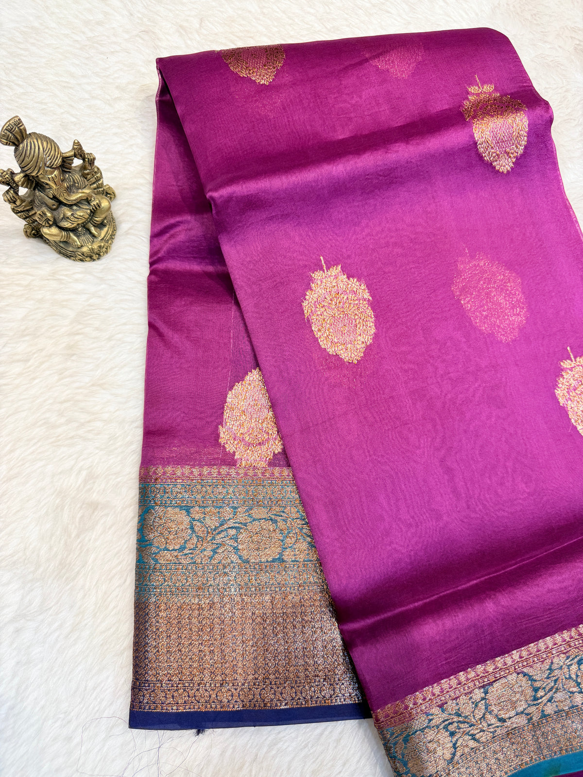 Pure Kora Banaras Silk Contrast -Brinjal Color