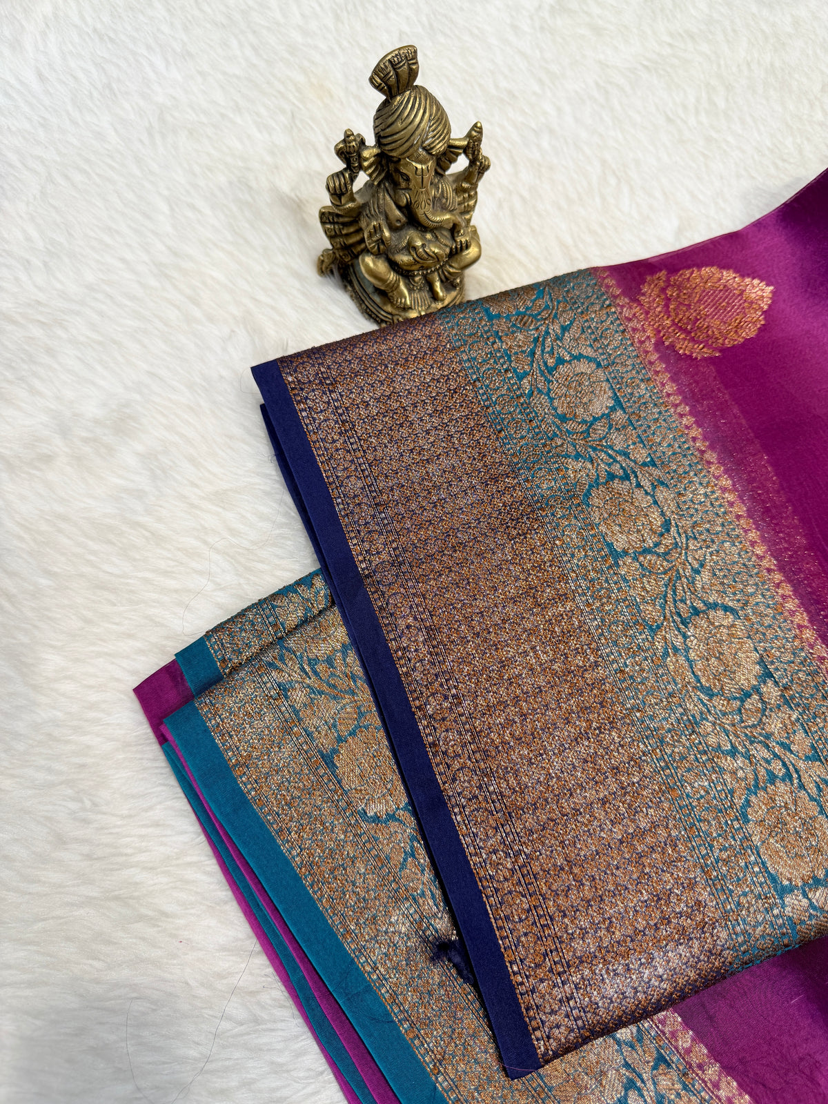 Pure Kora Banaras Silk Contrast -Brinjal Color