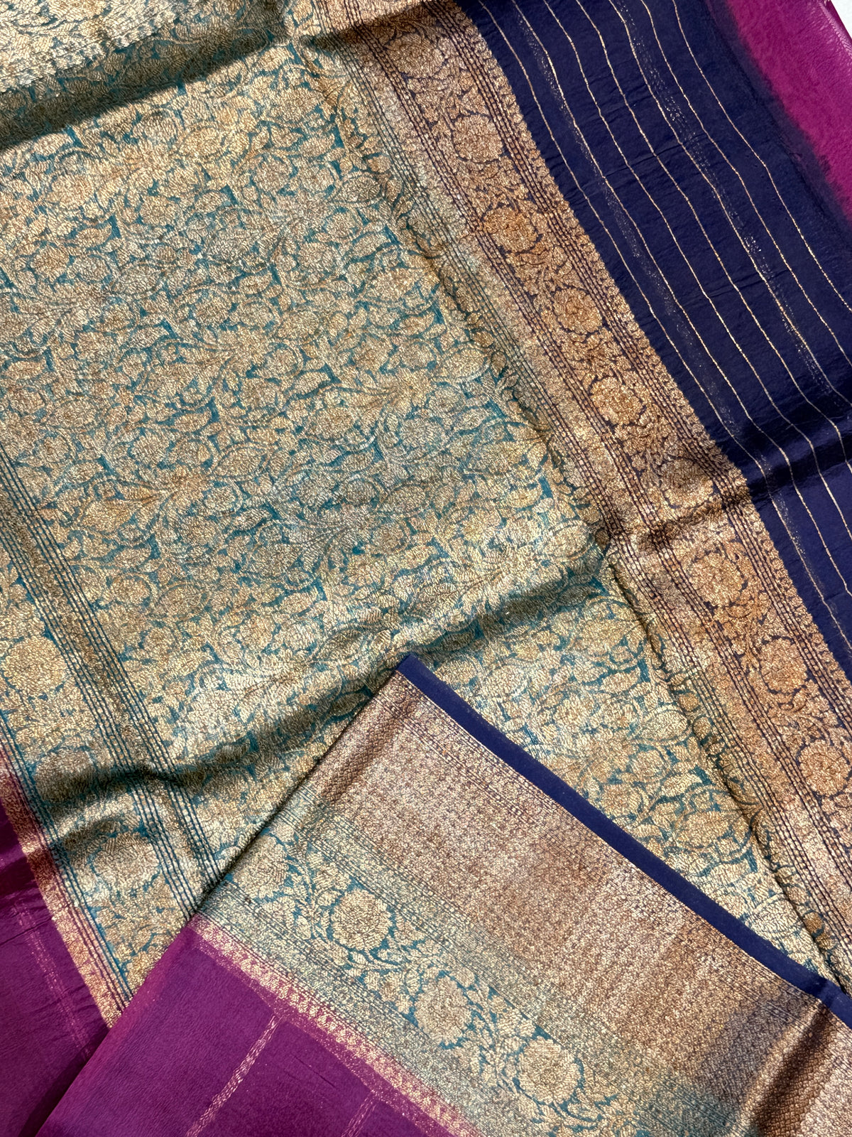 Pure Kora Banaras Silk Contrast -Brinjal Color