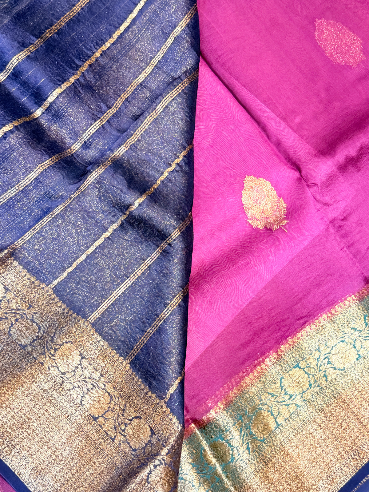 Pure Kora Banaras Silk Contrast -Brinjal Color