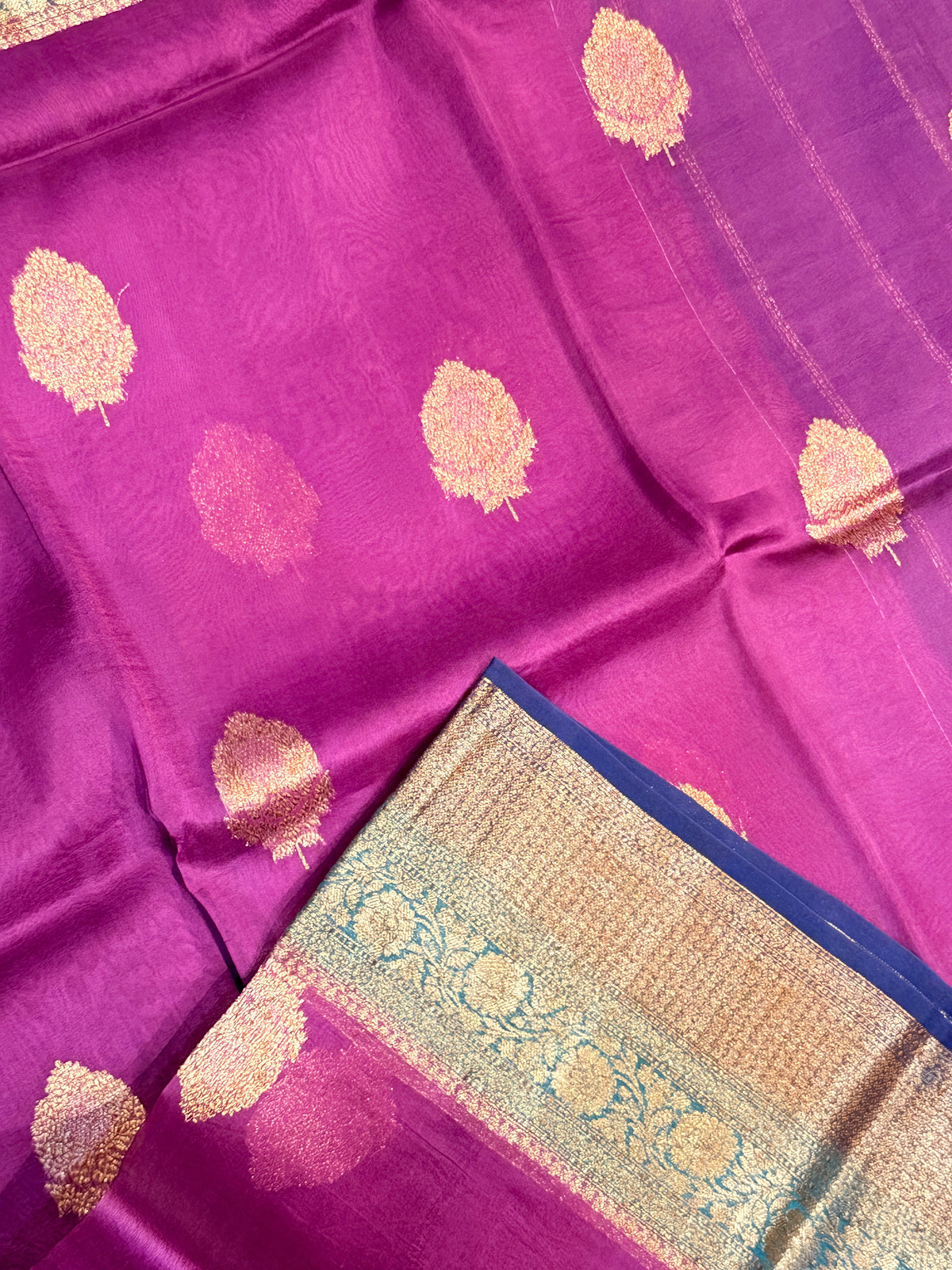 Pure Kora Banaras Silk Contrast -Brinjal Color