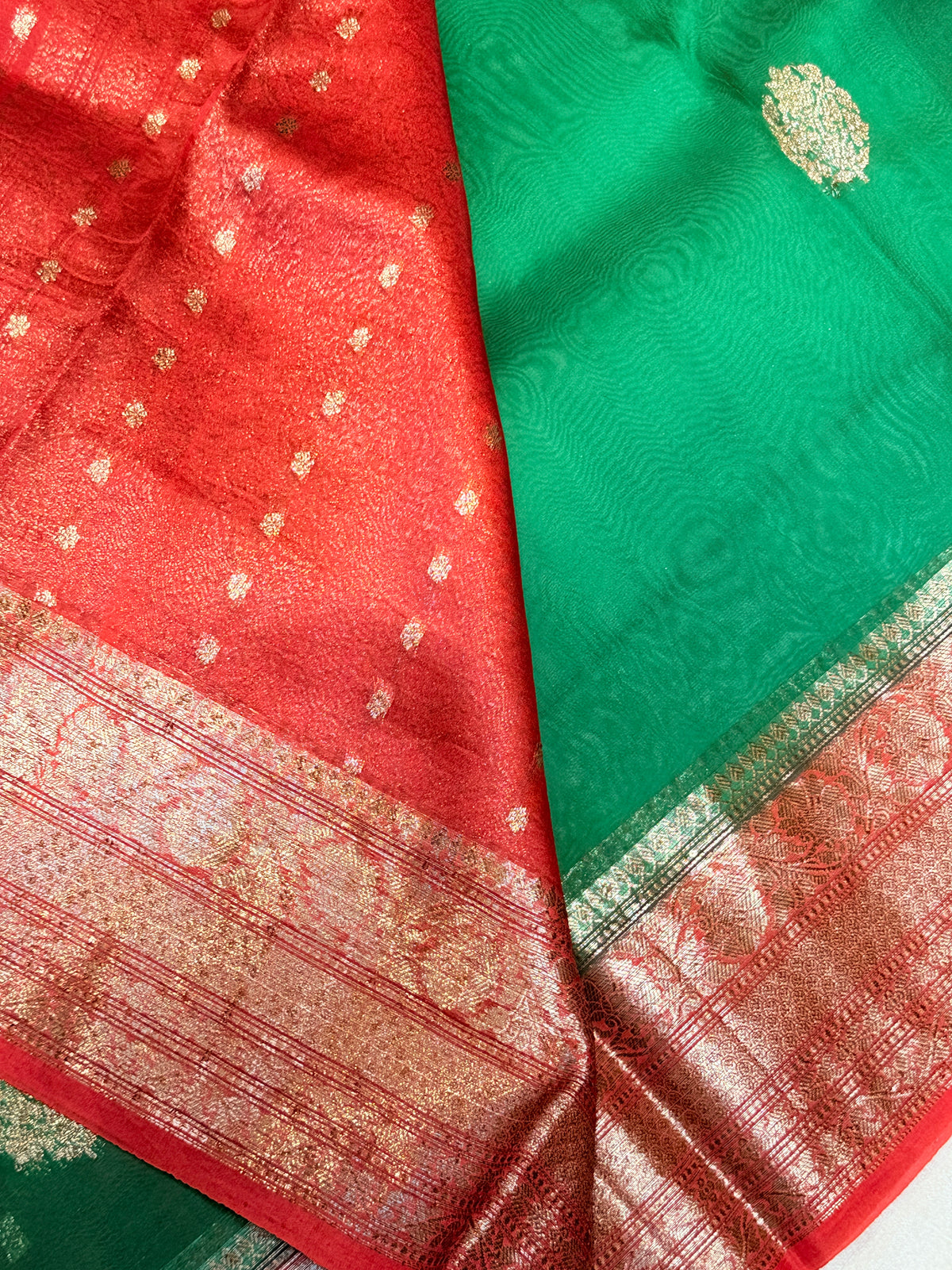 Pure Kora Banaras Silk Contrast -Green