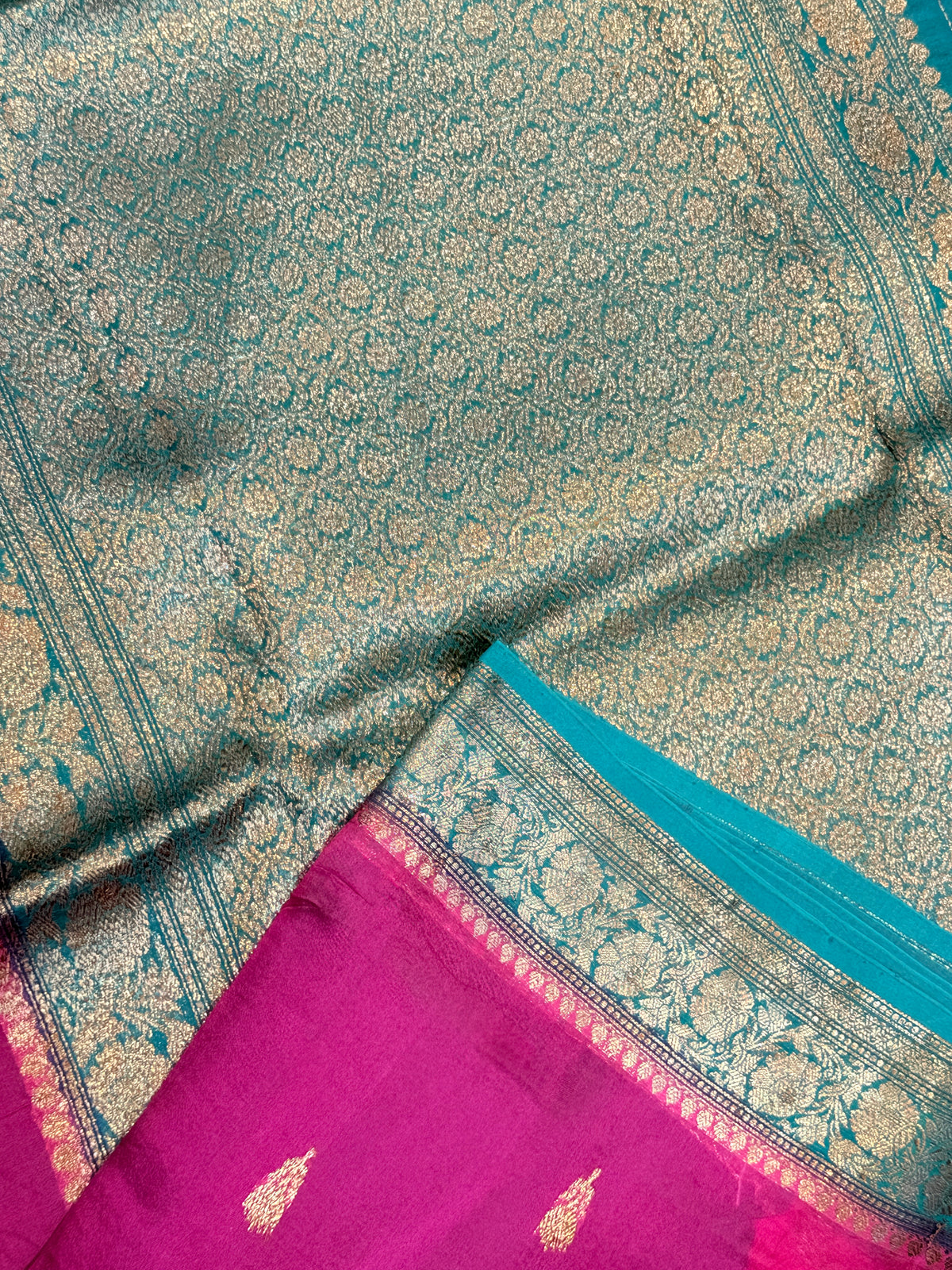 pure KorPa Banaras Silk-Rani Pink Contrast
