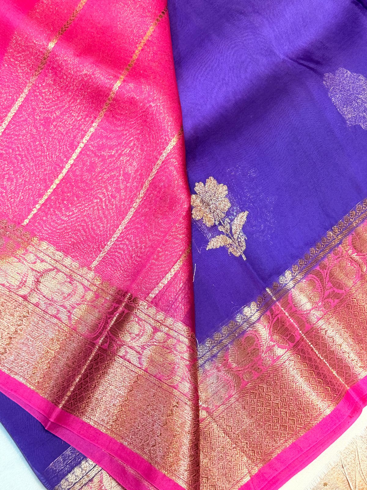 Pure Kora Banaras Silk Contrast -Purple