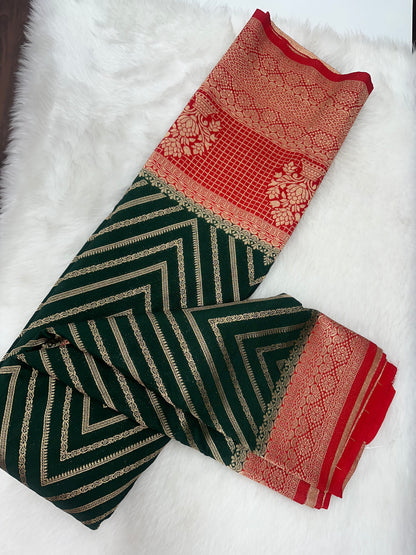 Semi Georgette Silk Bottle Green and Red