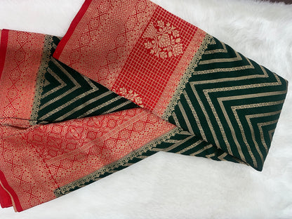 Semi Georgette Silk Bottle Green and Red