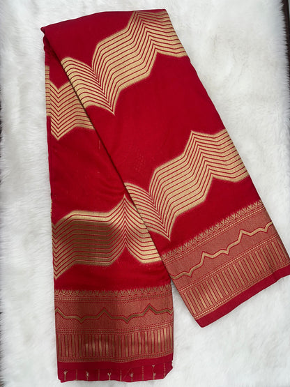 Semi Crepe Silk Red and Golden Zari