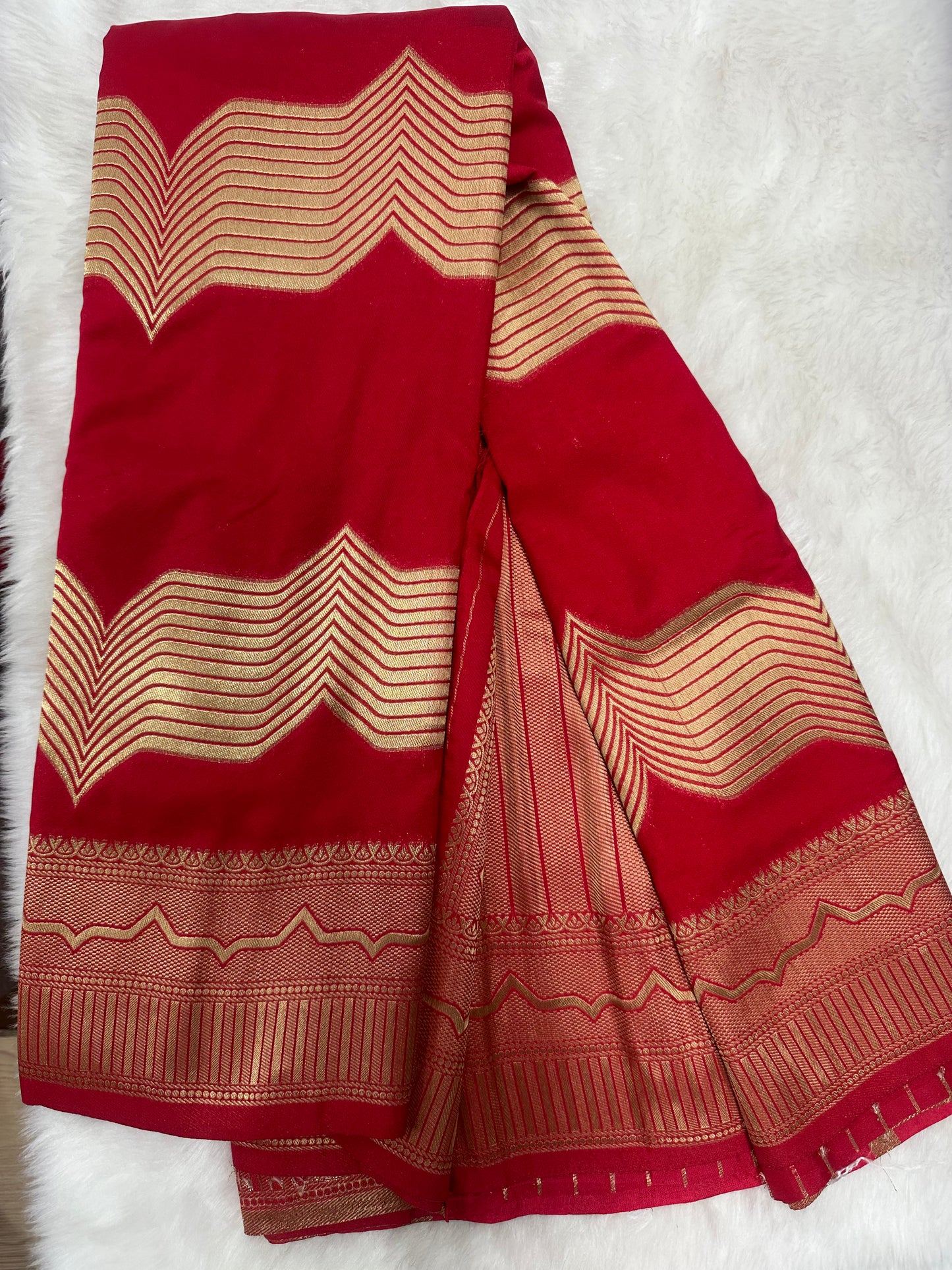 Semi Crepe Silk Red and Golden Zari