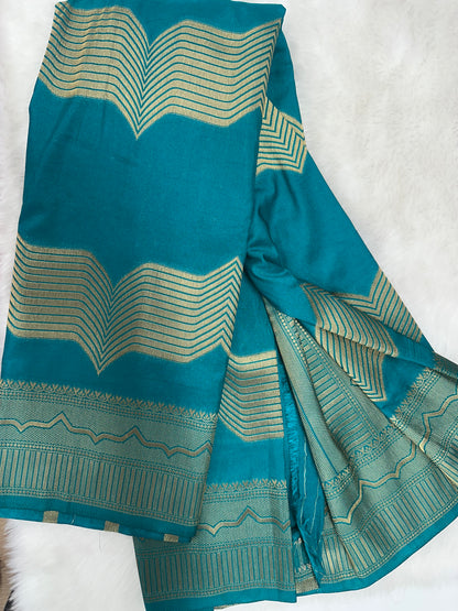 Semi Crepe Silk Blue and Golden Zari