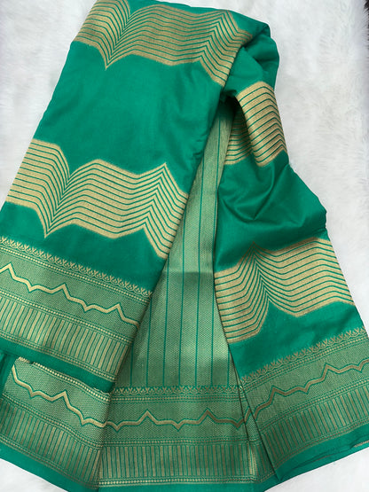 Semi Crepe Silk Green and Golden Zari