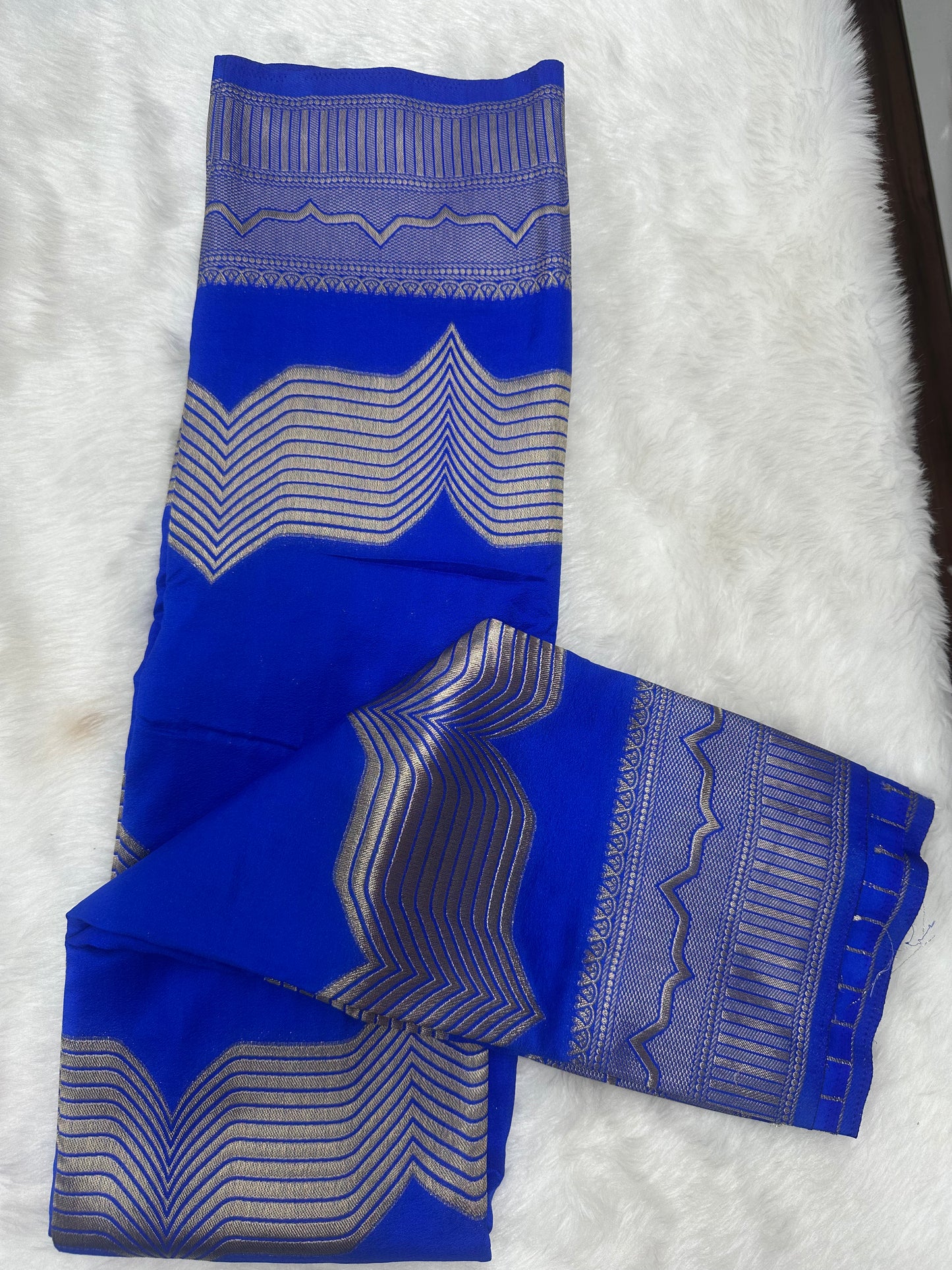 Semi Crepe Silk Royal Blue and Golden Zari