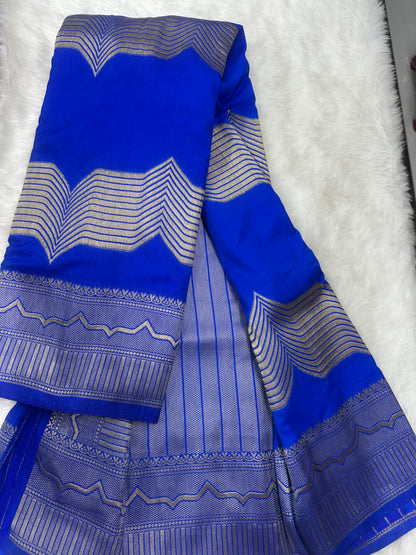 Semi Crepe Silk Royal Blue and Golden Zari