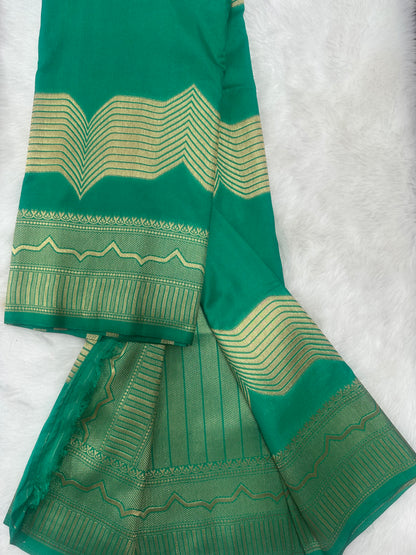 Semi Crepe Silk Green and Golden Zari