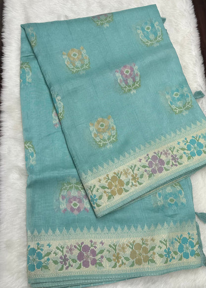 Turquoise Soft Silk with Floral Silver Zari Motifs and Border
