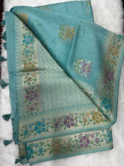 Turquoise Soft Silk with Floral Silver Zari Motifs and Border