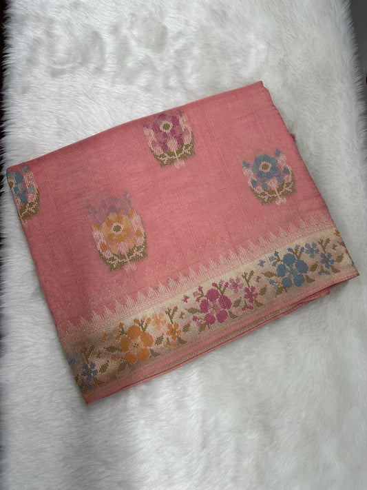 Peach Soft Silk with Floral Silver Zari Motifs and Border