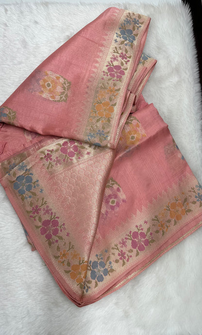 Peach Soft Silk with Floral Silver Zari Motifs and Border