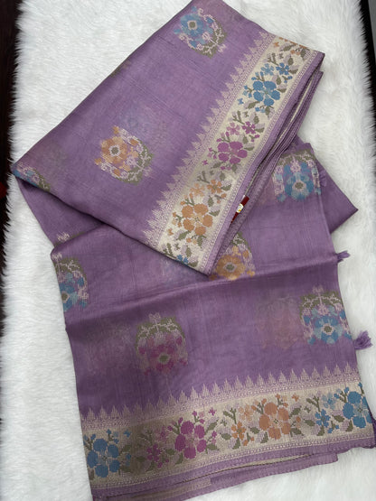 Lavender Soft Silk with Floral Silver Zari Motifs and Border