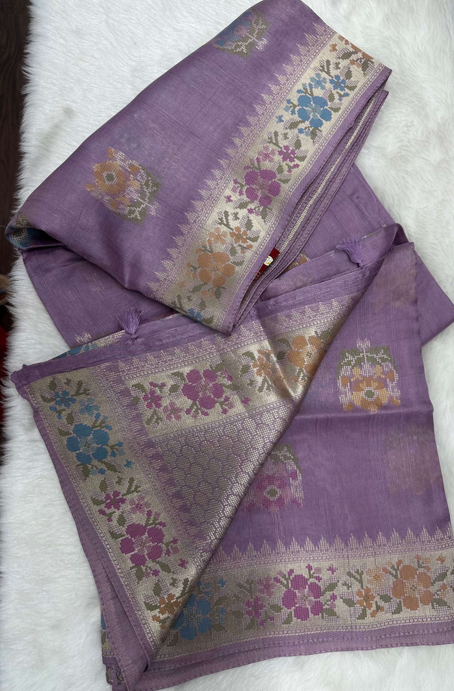 Lavender Soft Silk with Floral Silver Zari Motifs and Border