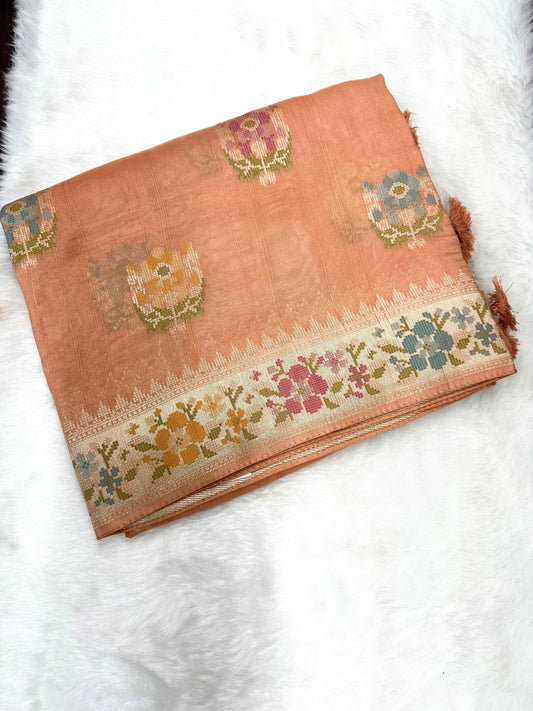 Rust Orange Soft Silk with Floral Silver Zari Motifs and Border