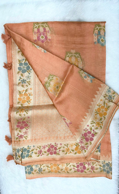 Rust Orange Soft Silk with Floral Silver Zari Motifs and Border