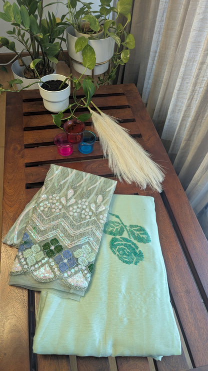 Pastel Green Fancy Saree with Sequinned Blouse