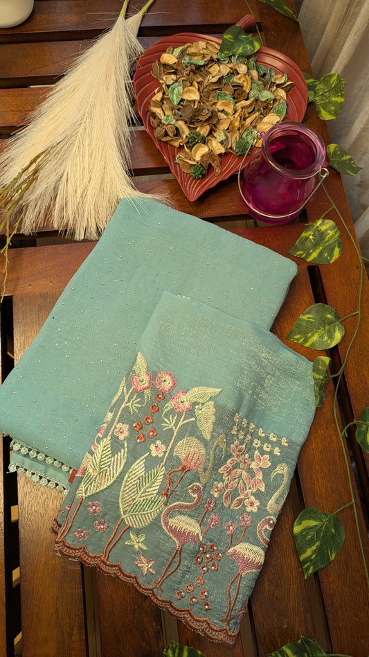 Pastel Green Fancy Saree with Embroidery work Blouse