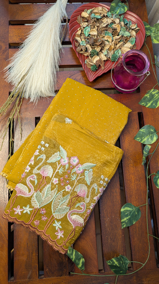 Mustard Fancy Saree with Embroidery work Blouse