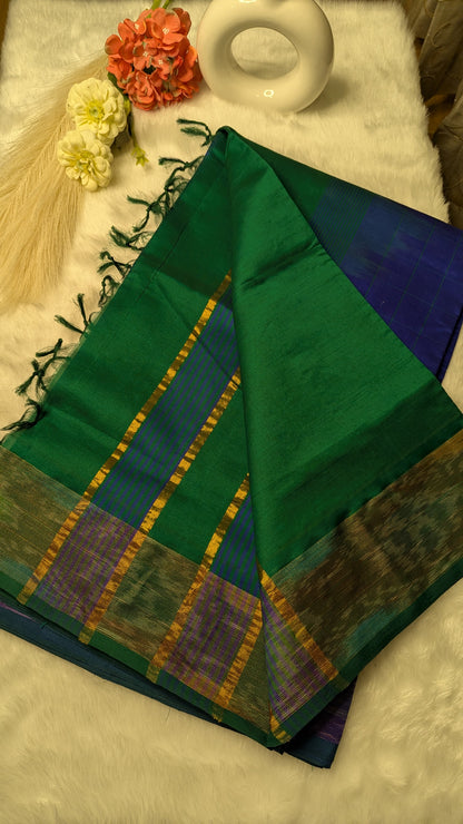 Blue and Green Checks Silk Cotton Saree