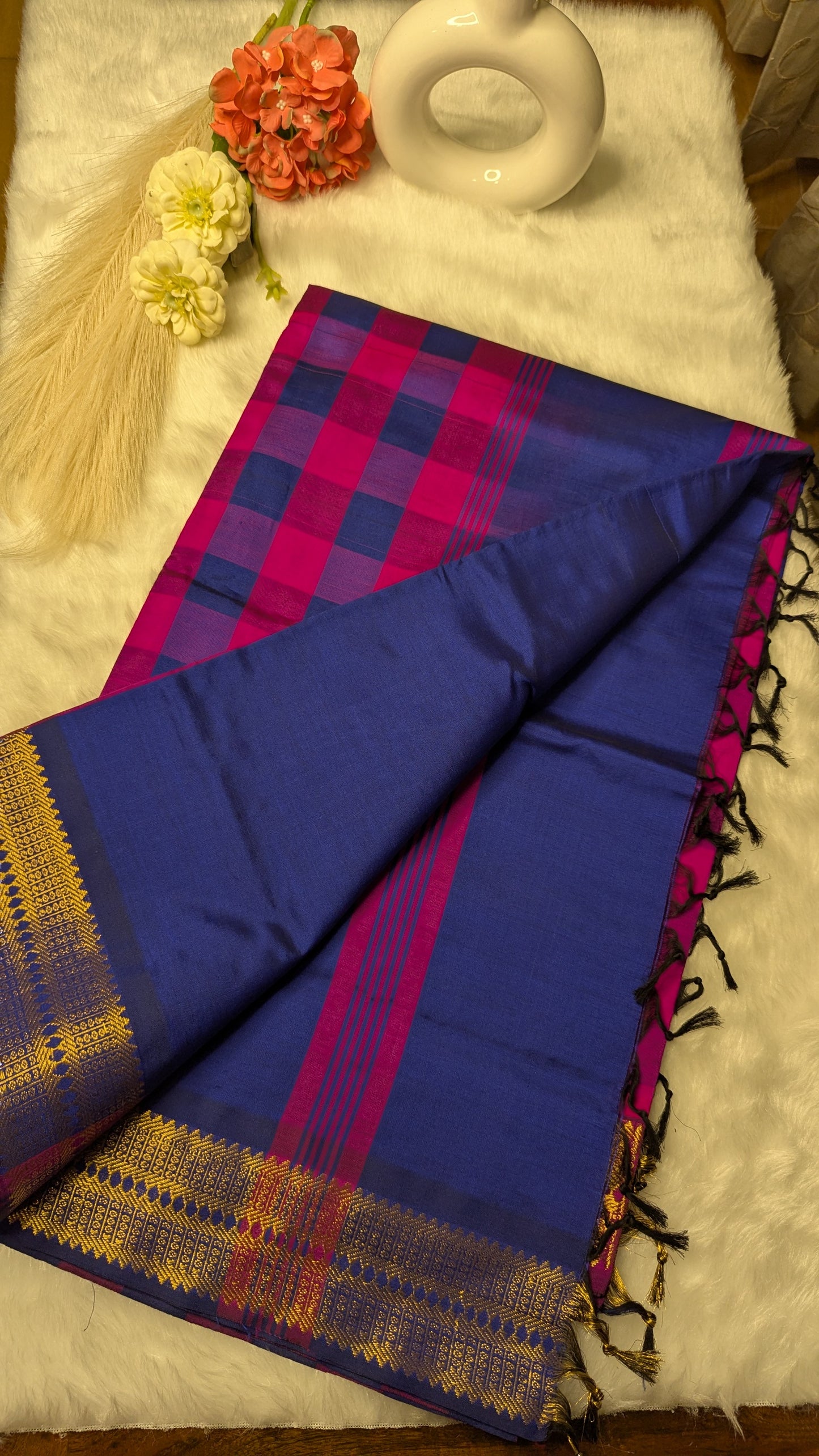Blue and Rani Pink Checks Silk Cotton Saree