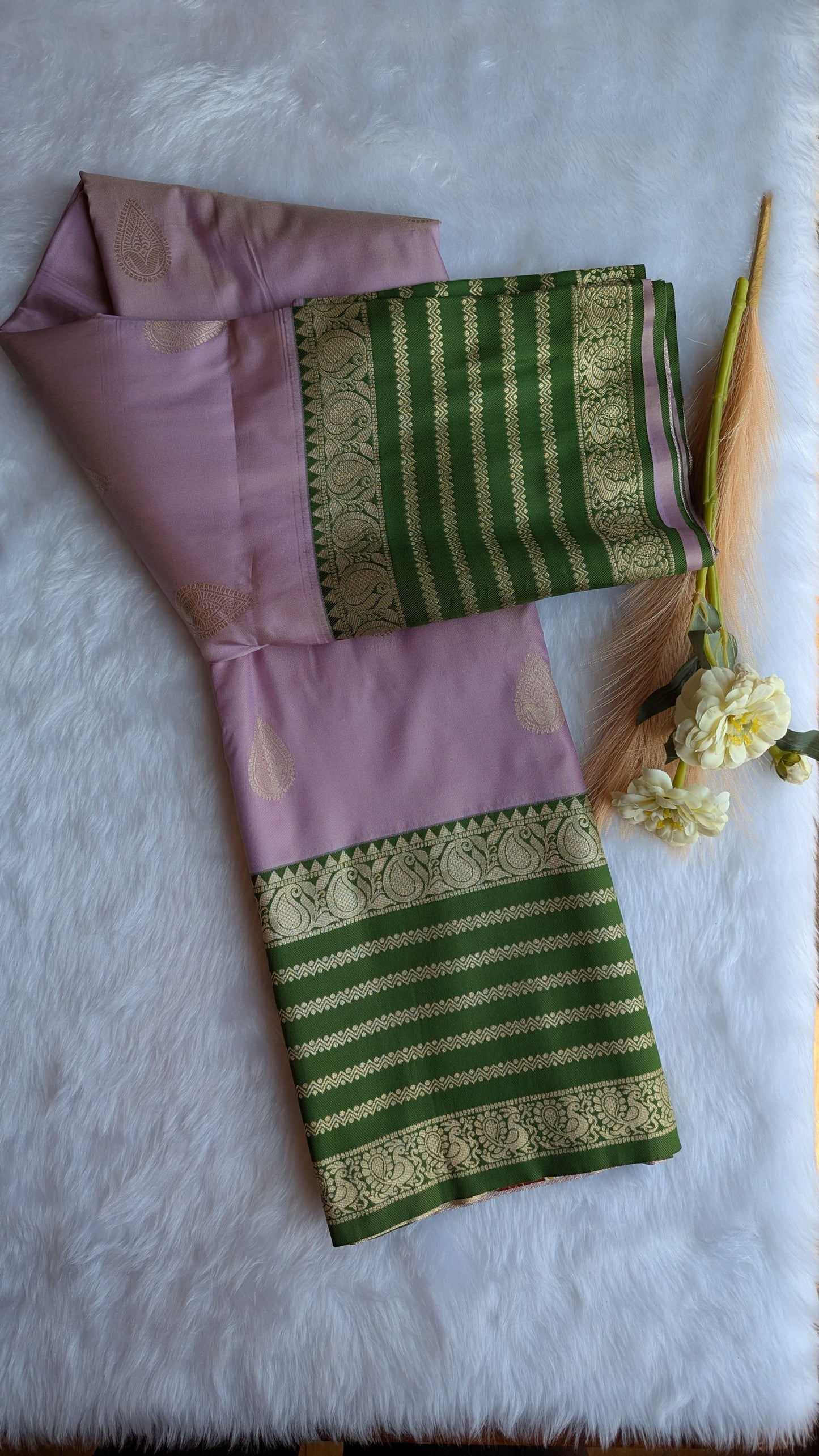 Lavender and Green Semi Soft Silk Saree