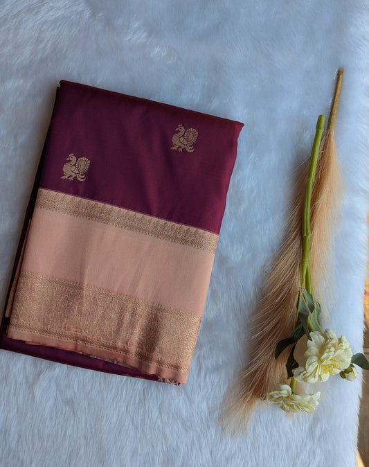 Maroon and Peach Pink color Semi Soft Silk Saree