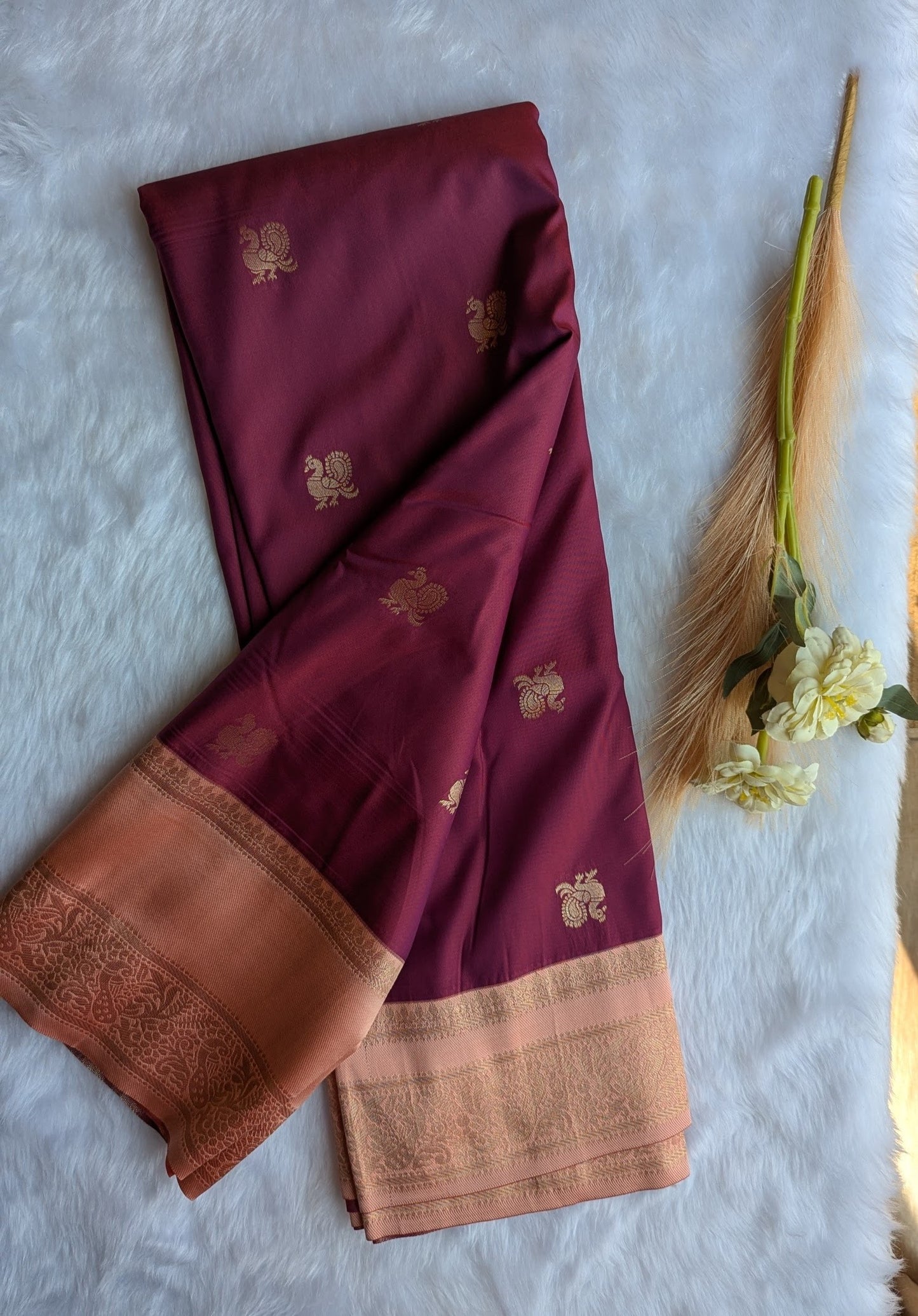 Maroon and Peach Pink color Semi Soft Silk Saree
