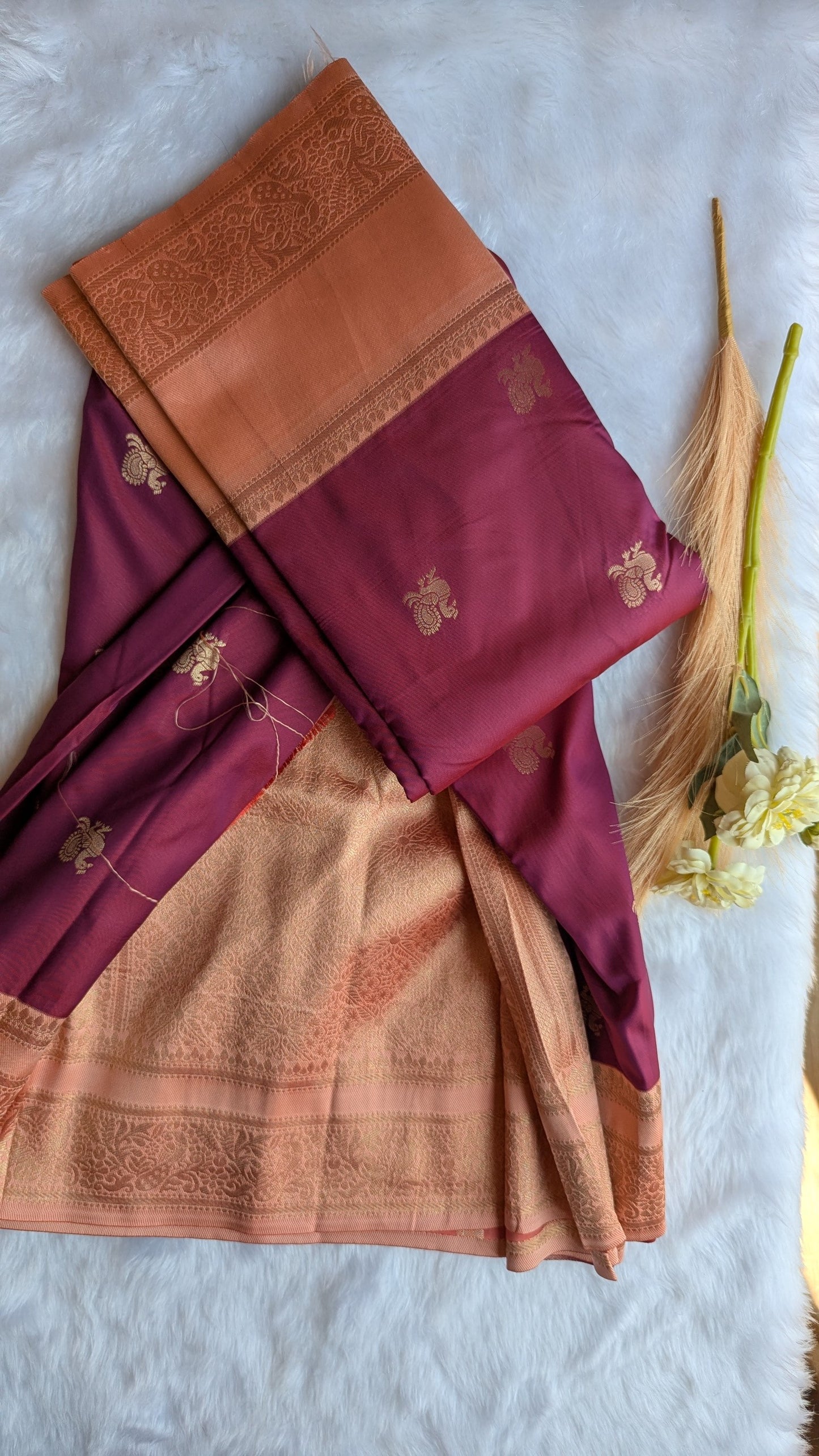 Maroon and Peach Pink color Semi Soft Silk Saree