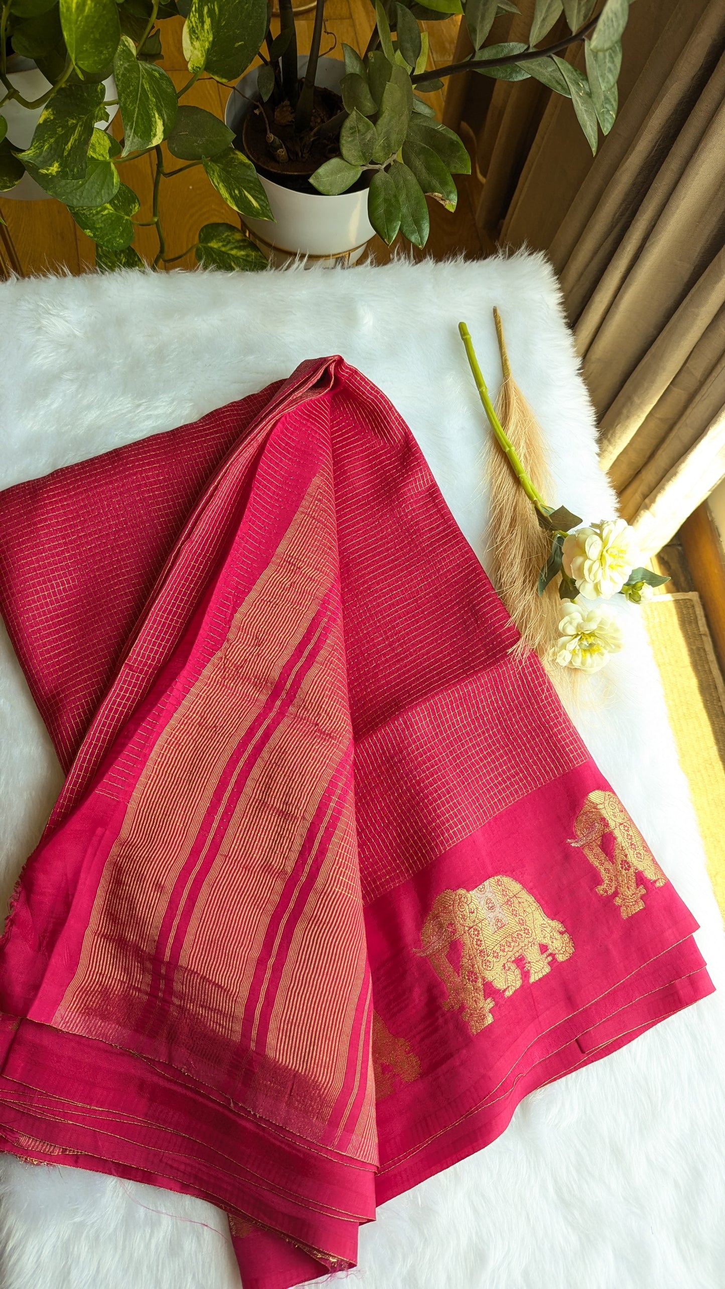 Magenta Small Checks Chinnon Silk Saree