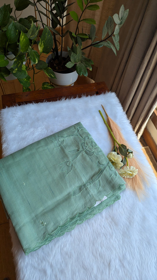 Pastel Green Tusser Silk Saree with Cut work
