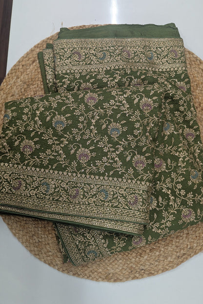 Soft Crushed Fabric and Work Saree- Green